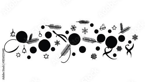 Black and white minimalist christmas decoration design elements arranged in a stylish horizontal pattern with festive ornaments and leaves on a clean white background for holiday templates