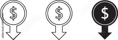 Three dollar symbols in circles with arrows pointing down on white background