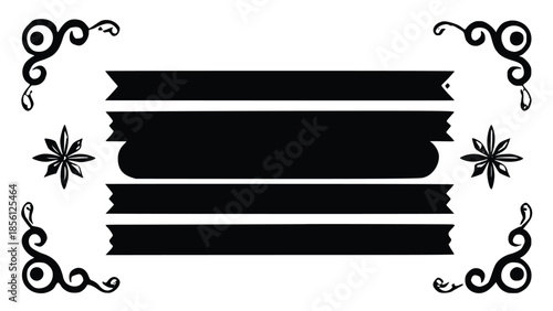 Elegant black and white decorative frame with flourishes and banners for text or images