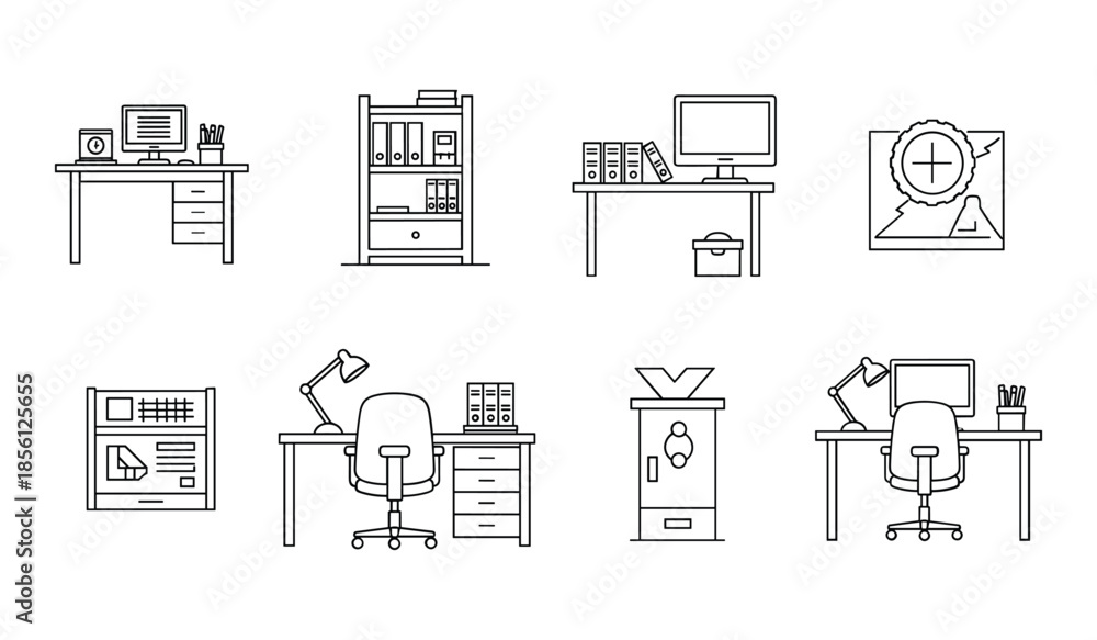 Φωτογραφία Line Art Icons of Office Desks Shelving and Computer Equipment monitor chair