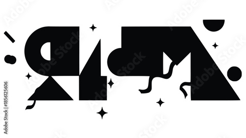 Modern abstract graphic design element featuring bold black typography with decorative shapes and stars on a clean white background symbolizing creativity and innovation