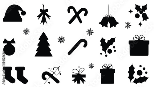 Collection of black Christmas icons including hats, ornaments, trees, candy canes, bells, holly, gifts, and snowflakes on a white background for festive holiday designs and decorations