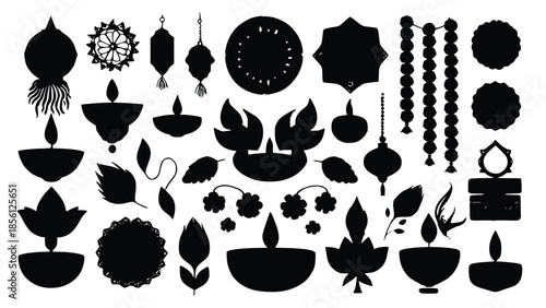 Diwali celebration decorations collection featuring traditional diyas, lanterns, and ornaments in black silhouette against a white background, perfect for festive designs and cultural events