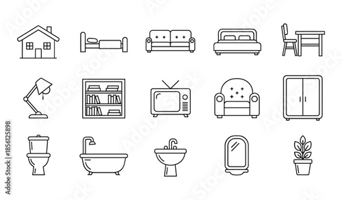 Outline Icons of Household Furniture and Fixtures on a White Background Keywords: house, home, building, bed, sofa, couch, mattress, furniture, bedroom, living room, dining table, chair, lamp, desk