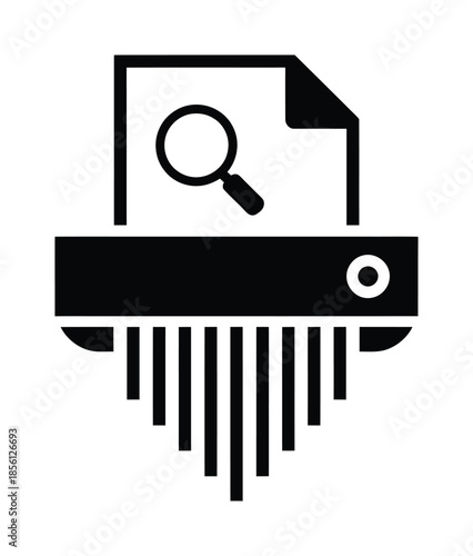 Vector icon shows paper shredder destroying document with magnifying glass