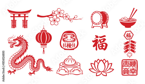 Red Chinese New Year Icons Set Featuring Dragon, Lantern, Torii Gate, and Food Symbols Keywords: China, Chinese, New Year, celebration, dragon, lantern, torii gate, drum, food, chopsticks, noodles