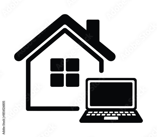 Vector house and computer symbolize remote work and online presence