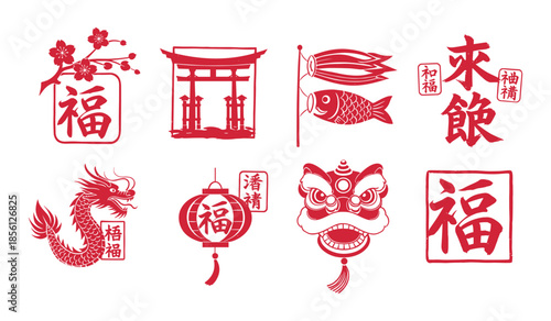 Red Chinese New Year Symbols Including Dragon, Lantern, Torii Gate, and Calligraphy vector illustration