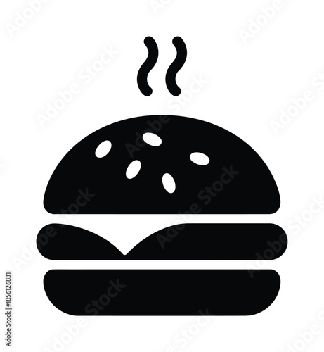 Black and white vector burger icon with sesame seeds steaming