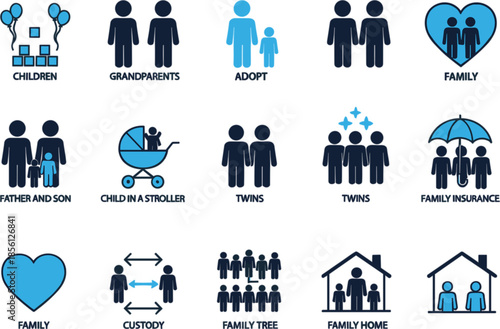 Comprehensive blue and black family icon set including adoption custody twins family tree insurance and home life concepts