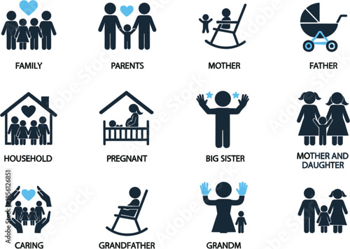 Flat vector icon set representing family members and household concepts including parents children pregnancy grandparents and caring hands