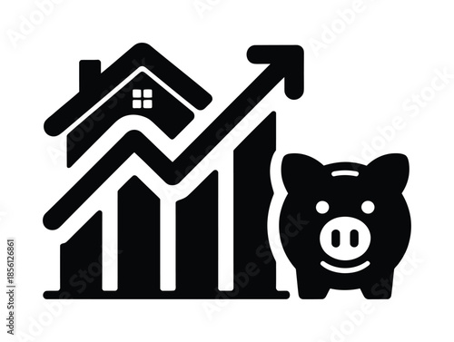 Vector icon showing house with growth arrow and piggy bank
