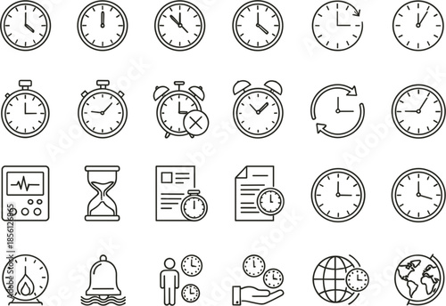 Minimalist black line icon set for time management featuring clocks stopwatches hourglasses alarm clocks and global time zone symbols