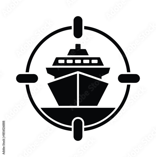Black and white vector design of ship inside crosshairs