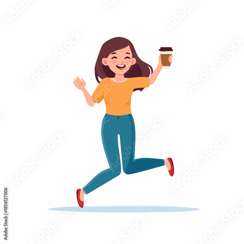 Cheerful flat illustration of a young woman jumping happily while holding a cup of coffee. 