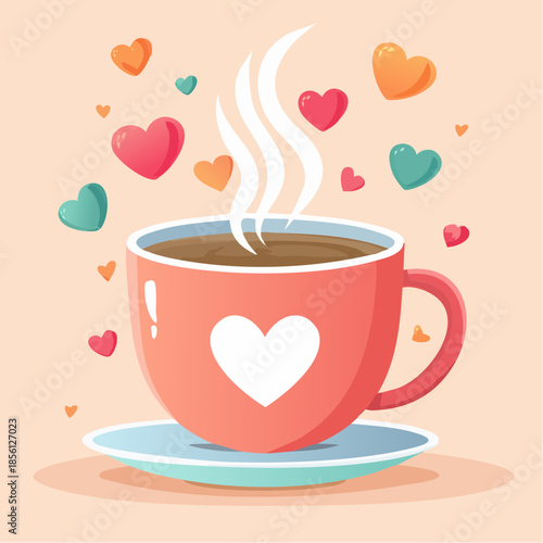 Cute flat illustration of a steaming coffee cup with a heart symbol, surrounded by floating hearts.