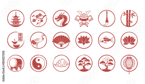 Red circular Japanese cultural icons including pagoda, dragon, and bonsai tree culture symbol