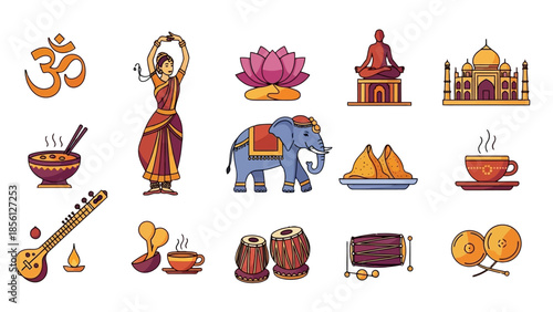 Extensive Collection of Indian Culture Icons Featuring Om Symbol, Traditional Dancer, Elephant, Taj Mahal, Musical Instruments, and Traditional Food on Isolated White Background
