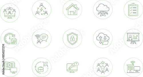 Business technology service line icons vector set, cloud security support management symbols, modern green outline illustration collection
