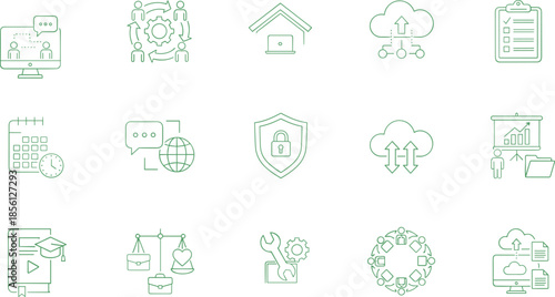 Business workflow and cloud service line icons vector set, management security collaboration symbols, modern green outline illustration