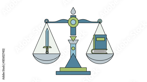 Scales of Justice with Sword and Book Icon Symbolizing Law, Truth, and Fairness on Isolated White Background