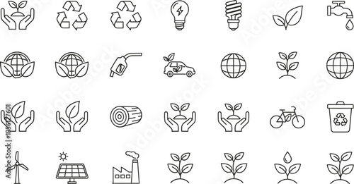 Eco sustainability line icons vector set, renewable energy recycling environment symbols, clean green technology outline illustration collection