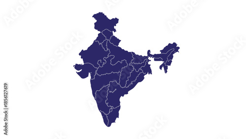 Vibrant Blue Silhouette Map of India with State Borders on Isolated White Background