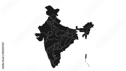 Solid Black Silhouette Map of India with Subtle Internal State Borders on Isolated White Background