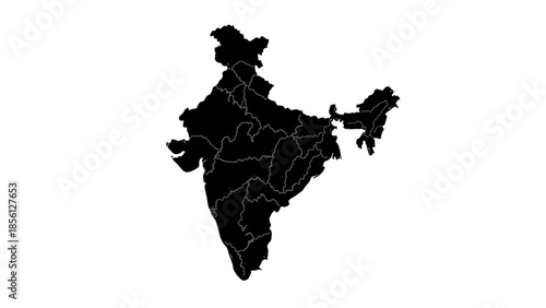 Detailed Solid Black Silhouette Map of India with State Borders on Isolated White Background