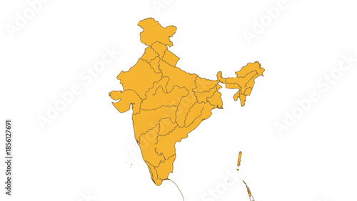 Detailed Political Map of India in Yellow Color with State Boundaries on Isolated White Background