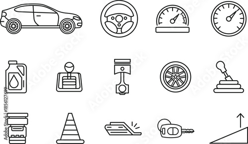 Essential Automotive Line Icons Set – Car Parts, Driving Symbols & Maintenance Tools
