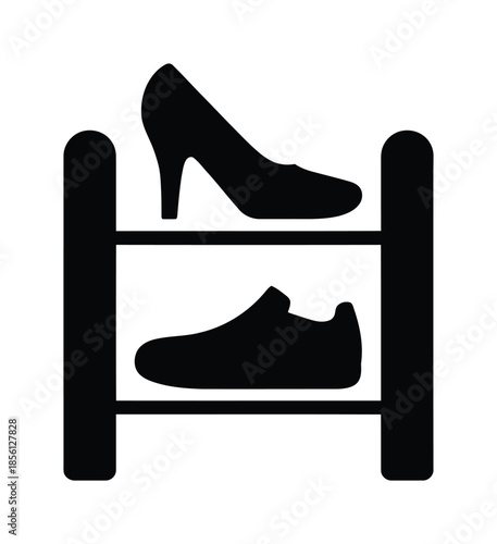 Vector icon displays black shoes on a rack