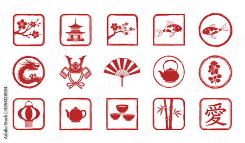 Red Stamp Style Japanese Cultural Icons on White Background Keywords: Japan, Japanese, culture, icon, symbol, design element, graphic, vector, stamp, red, illustration, isolated, white background