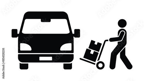 Vector illustration of delivery van and worker pushing cart with boxes