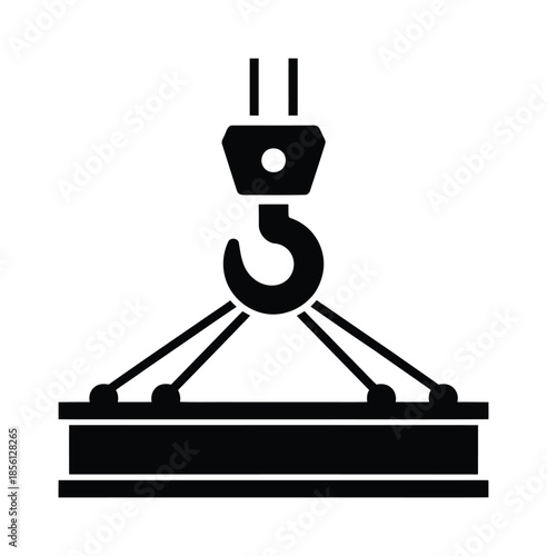 Black vector icon of crane hook lifting a platform
