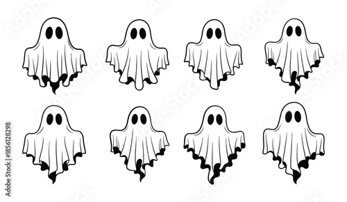 Set of Eight Cartoon Ghost Illustrations with Different Wavy Bottoms on White Background Keywords: ghost, spirit, phantom, apparition, halloween, spooky, scary, cute, cartoon, illustration