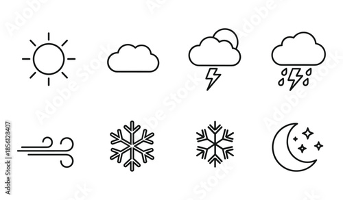 Set of eight simple line art weather icons on a white background cloud lightning