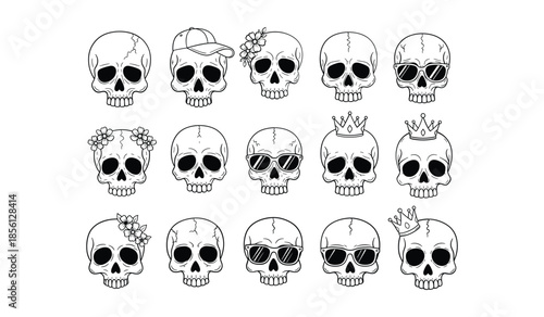 Set of Hand- Drawn Skull Illustrations with Accessories like Hats Crowns and Sunglasses on White Background Keywords: skull, head, bones, skeleton, death, halloween, gothic, macabre, illustration