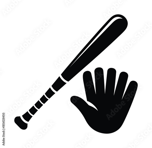 Black vector illustration of baseball bat and glove