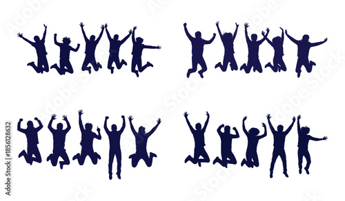 Silhouettes of people jumping in the air in groups against a white background happy