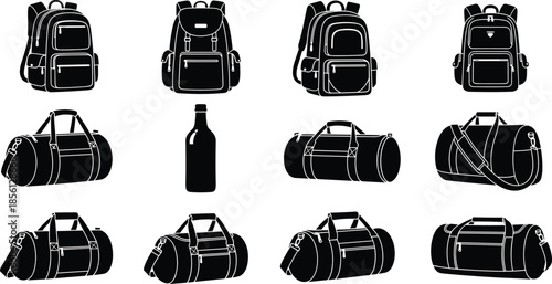 Backpack and duffel bag silhouette collection, travel luggage icons set, camping gym bags illustration, black white vector design