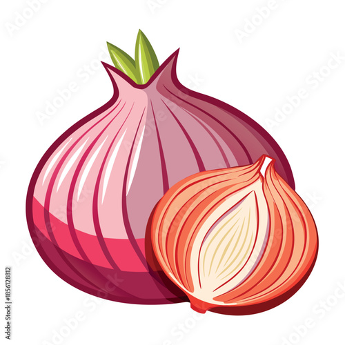Flat vector illustration of a red onion, partially sliced, clean lines, vibrant colors,