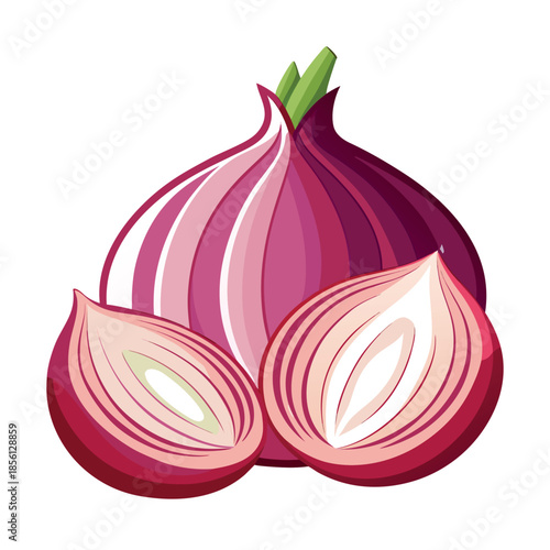 Flat vector illustration of a red onion, partially sliced, clean lines, vibrant colors,