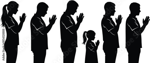 Family praying silhouette together, parents and child worshiping, faith religion concept, black and white prayer illustration