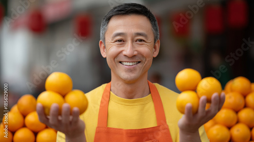 Smiling vendor juggling oranges at bustling market