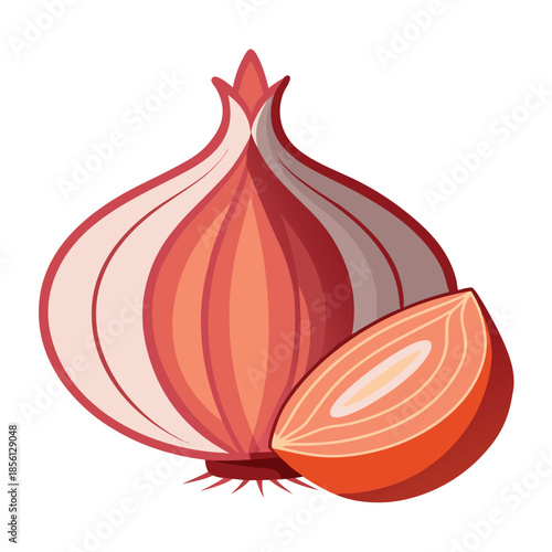 Flat vector illustration of a red onion, partially sliced, clean lines, vibrant colors,