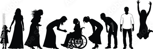 People interaction silhouettes set, family, care, disability support, emotions, communication, human poses, social relationships concept vector illustration