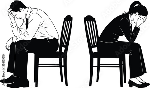 Sad couple sitting back to back, relationship conflict depression concept, man and woman stress illustration, black white vector art