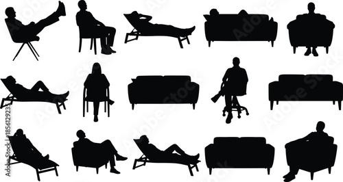 People sitting silhouette collection, relaxing man woman poses on chair sofa lounge, furniture lifestyle vector illustration isolated
