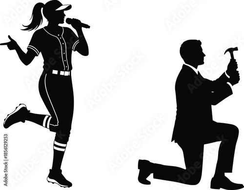 Silhouette contrast illustration of confident female singer and kneeling businessman with hammer, symbolic power imbalance concept art for adobe stock